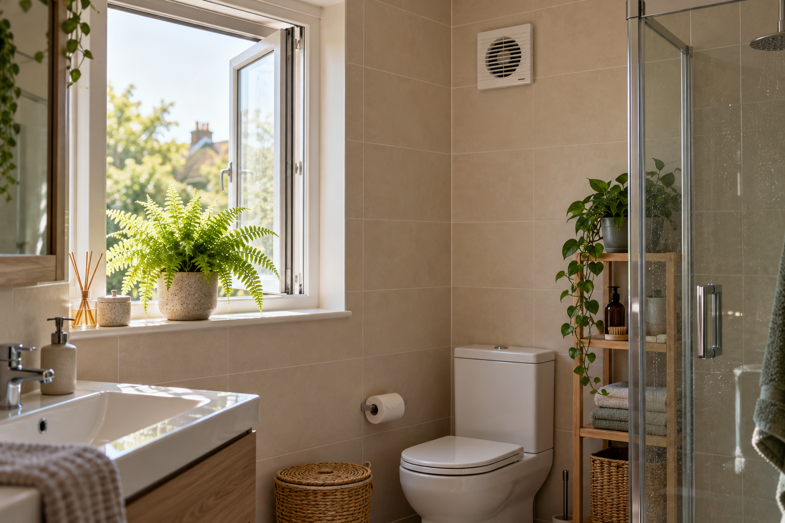 Baño con plantas y ventilación