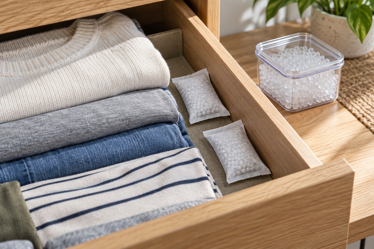 ¿Cómo usar gel de sílice y absorbentes en cajones, maletas y cajas de ropa?