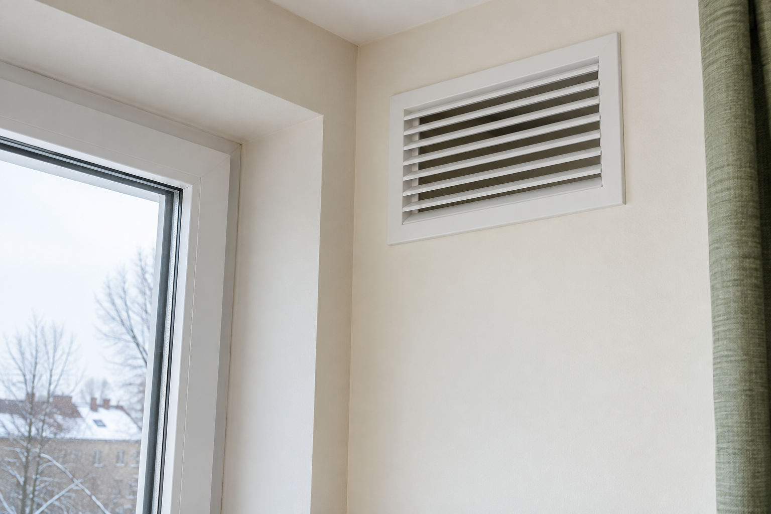 Rejilla de ventilación sin obstrucciones junto a una ventana