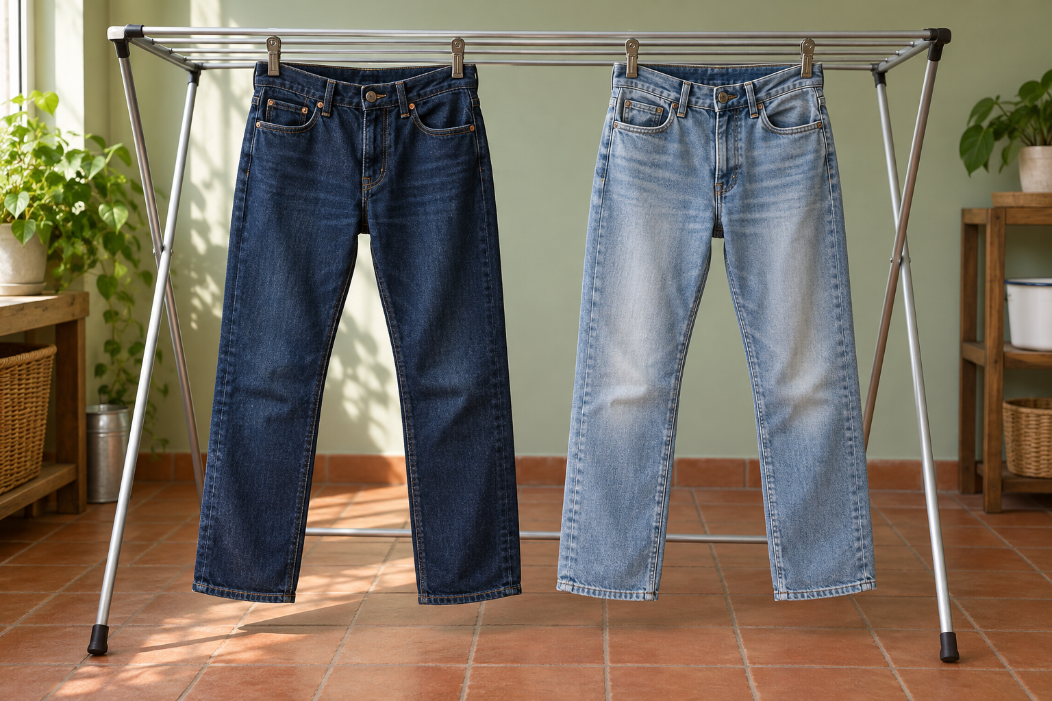 Dos pantalones vaqueros colgados separados por la cintura en un tendedero interior.