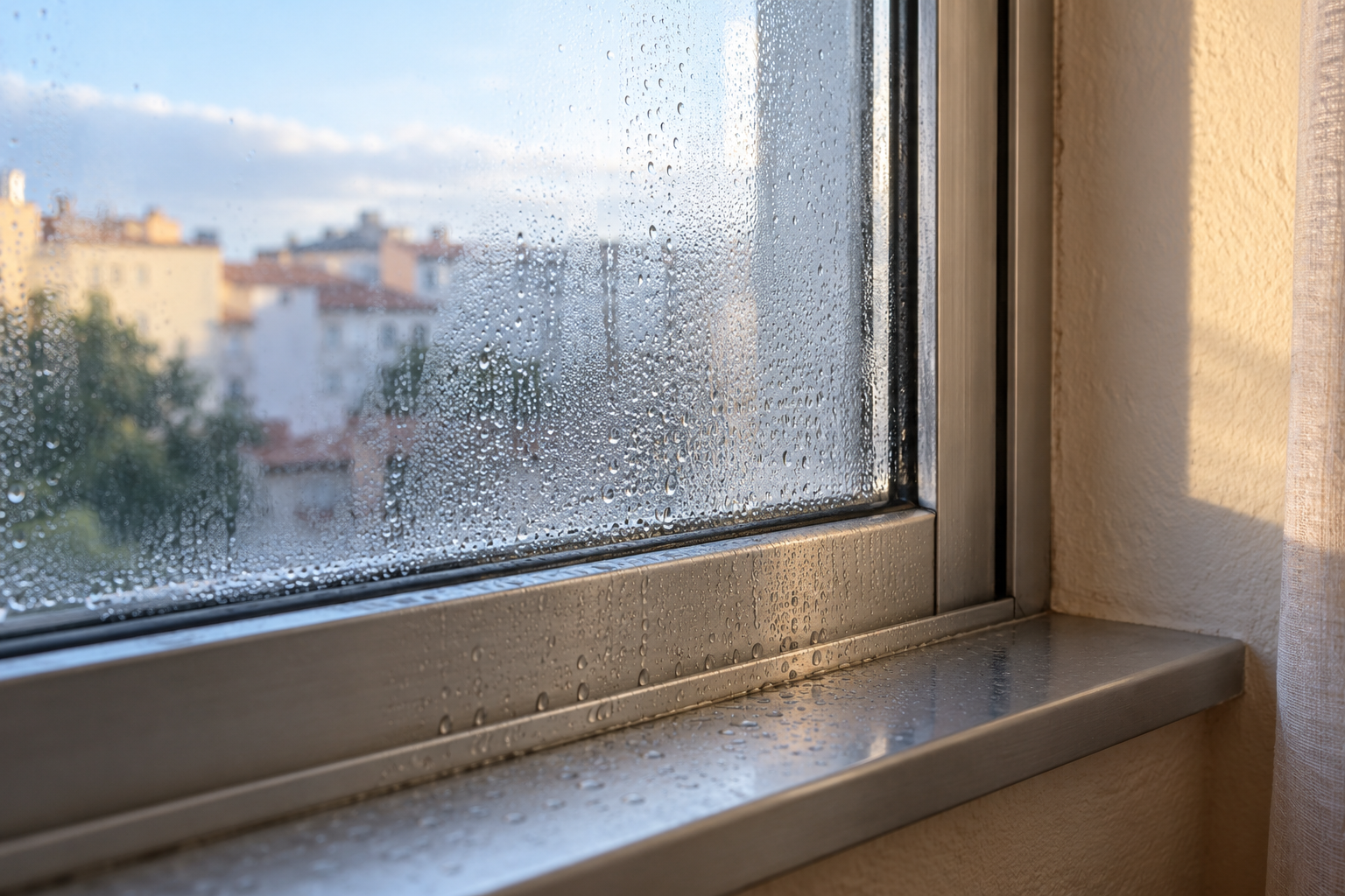 Condensación en una ventana de aluminio