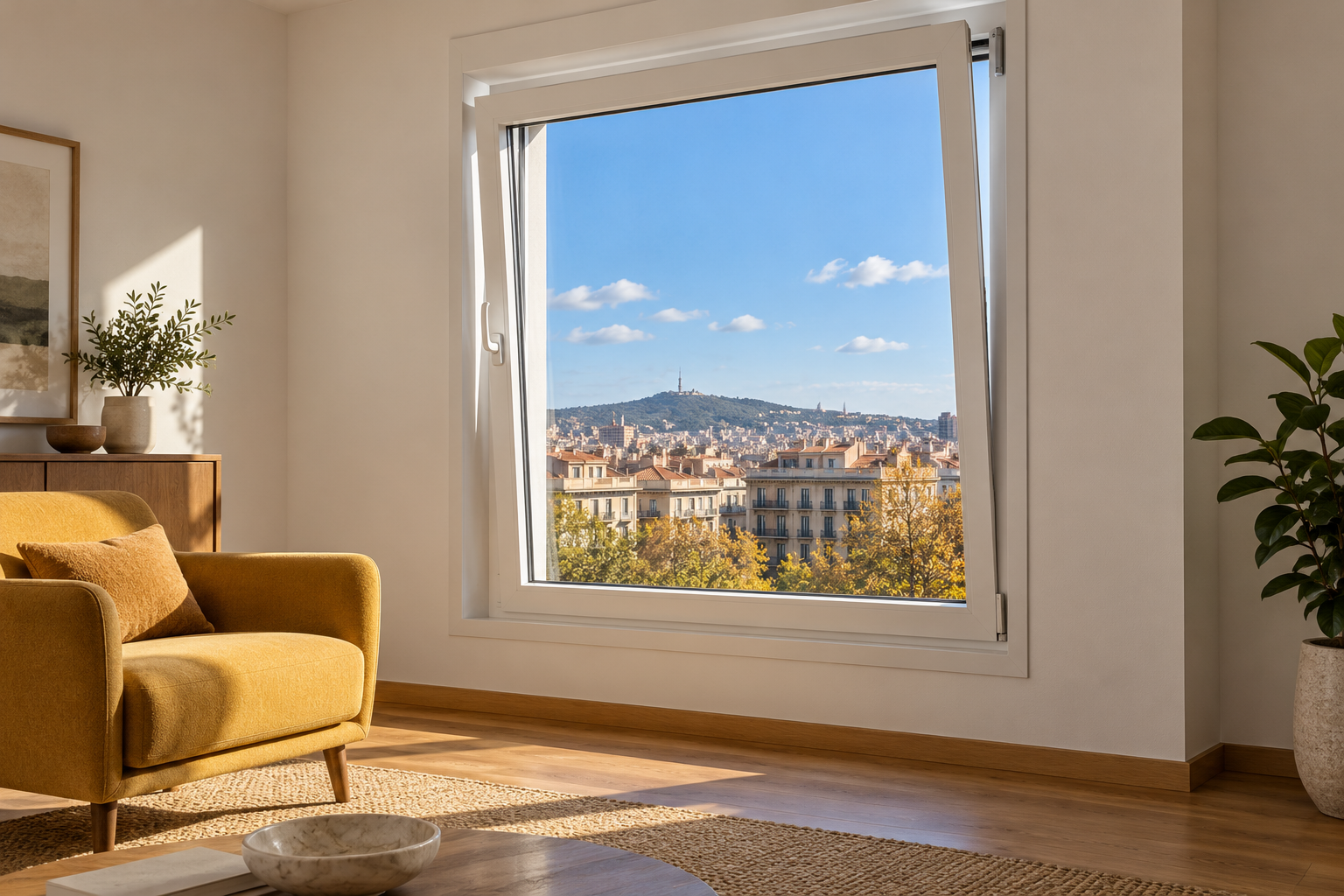 Ventana oscilobatiente inclinada en un salón luminoso con una butaca amarilla.