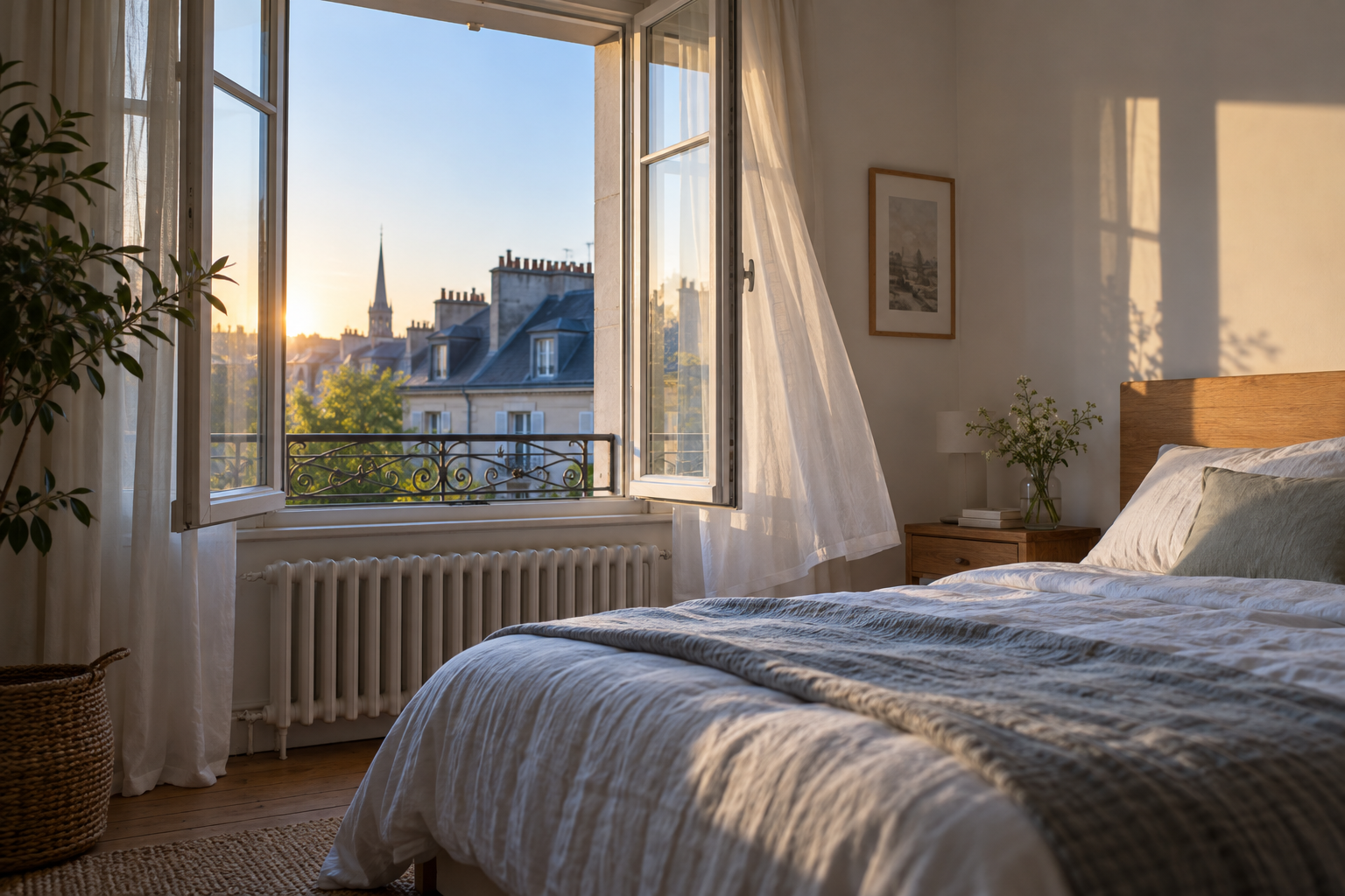 Dormitorio ventilado mediante una ventana abierta