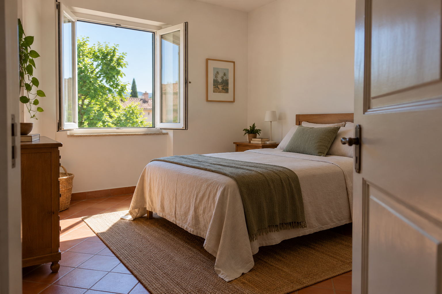 Habitación con una ventana exterior abierta y una puerta interior despejada